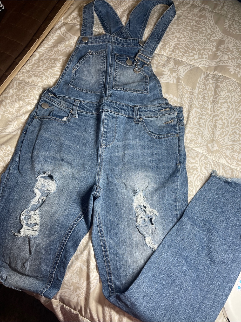 refuge Light Blue Distressed Denim Overalls